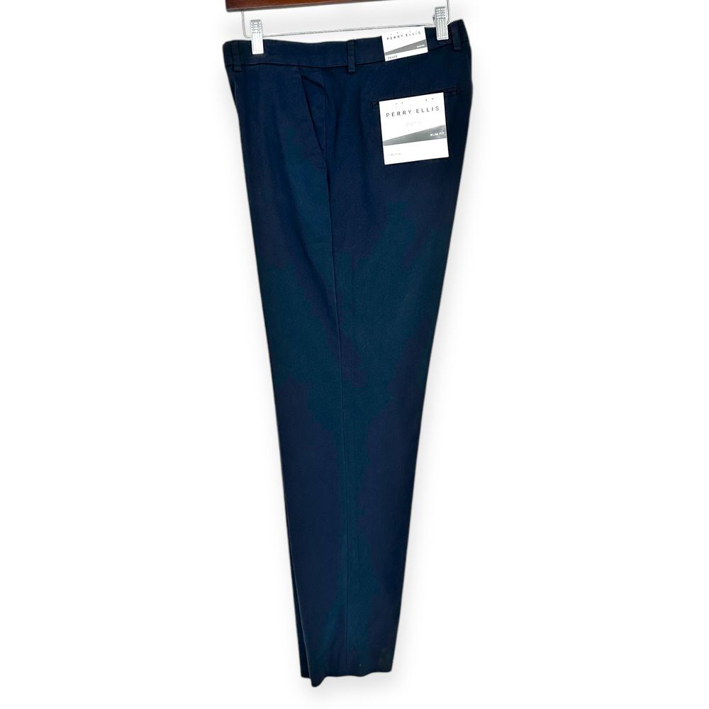 Perry Ellis NWT Premium Stretch Slim Fit Flat‎ Front Dress Pants 36W x 29L Navy